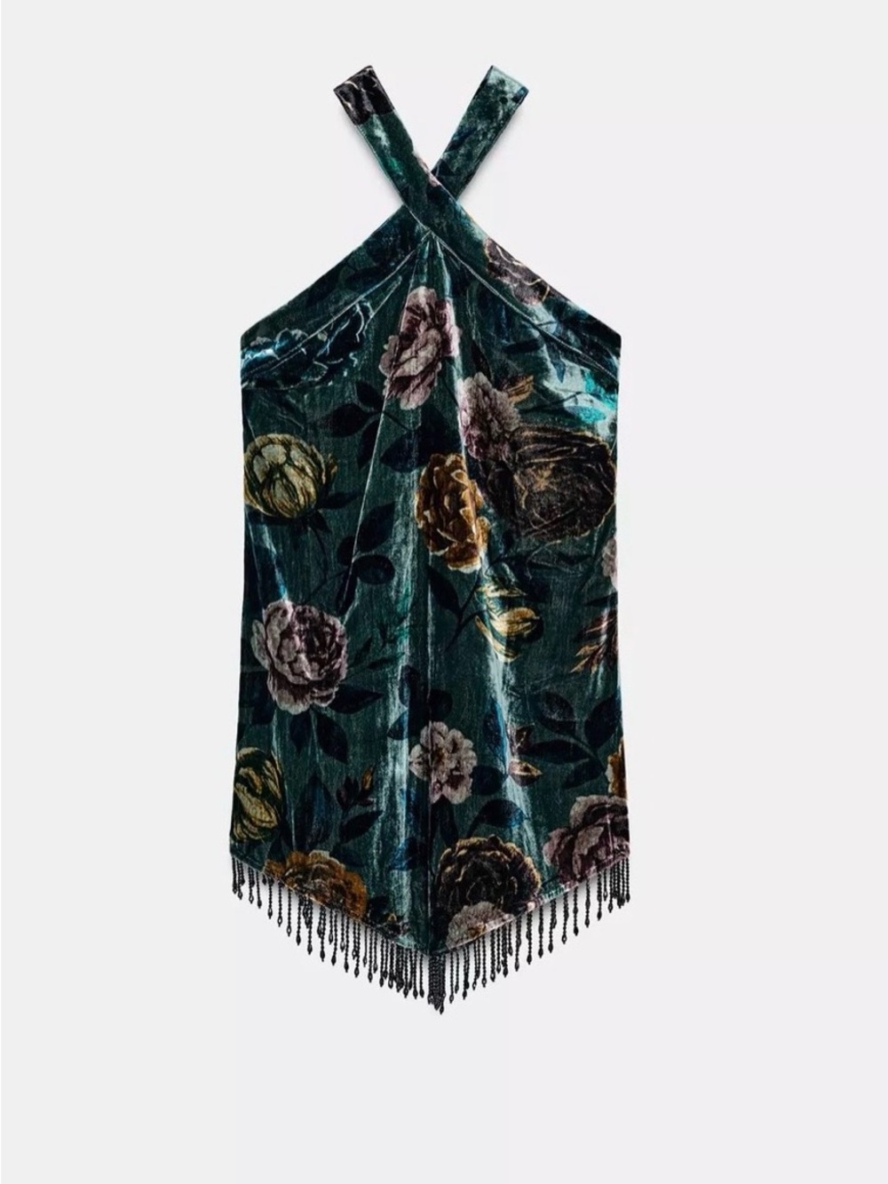 Zara Teal Floral Velvet Mini Dress with Beaded Fringe